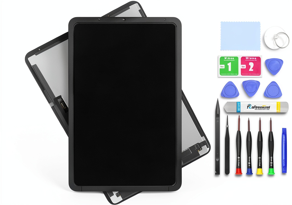Installing iPad Air 5 LCD Screen Replacement Assembly Digitizer on a wooden desk