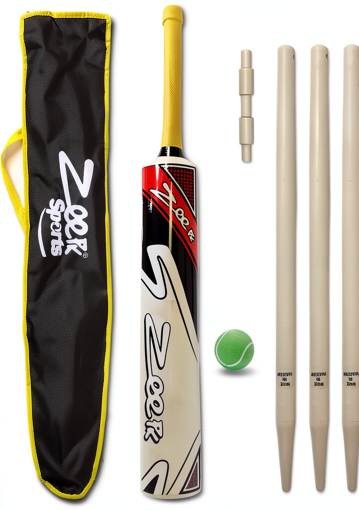 Zeepk Sports junior cricket bat and kit displayed on a grass field
